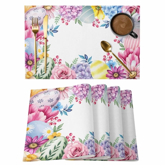 Easter Flowers Placemats Set of 4, Eggs Spring Colorful Tulips Daisy Berries Placemats for Dining Table, Place Mats for Kitchen Tabletop, Waterproof Wipeable Dining Table Mats Set