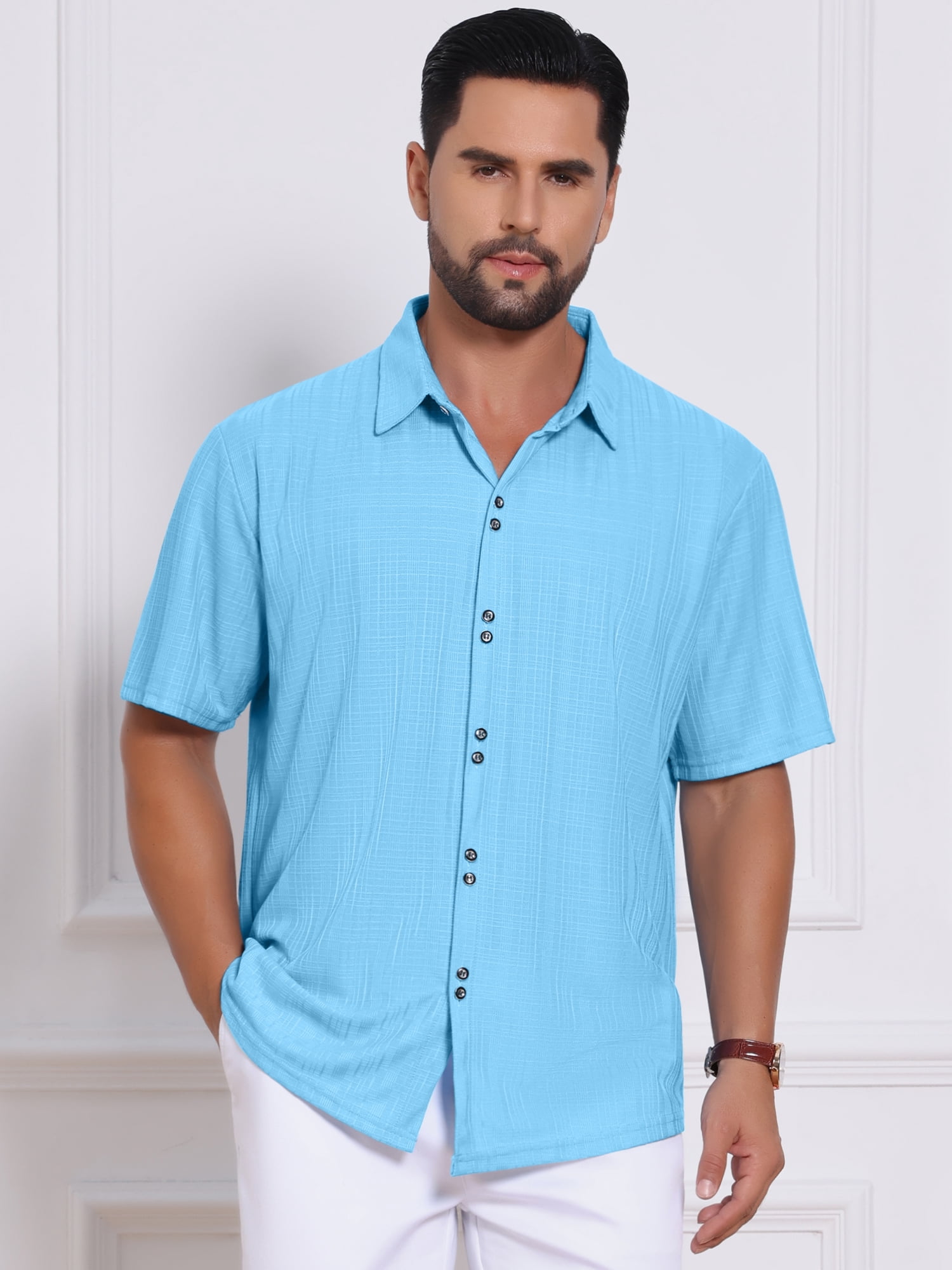 DARING DIVA Men's Texture Short Sleeve Button Down Casual Knitted Shirt M Light Blue