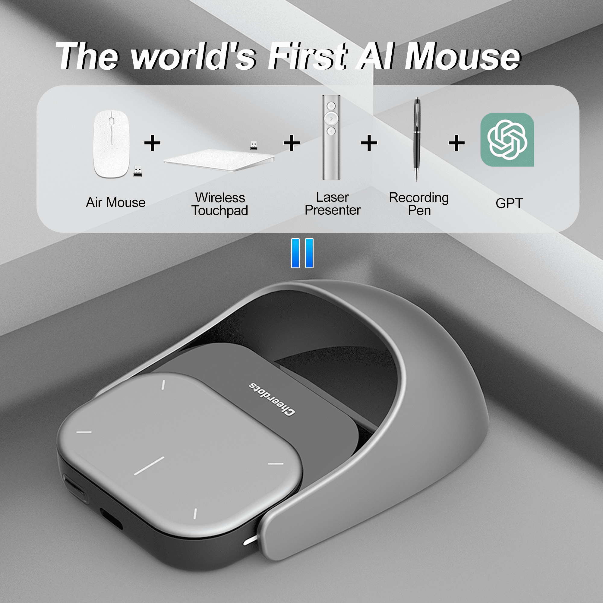 2026 Wireless AI Mouse - Bluetooth GPT Air Mouse with Voice Recording & Summarize by AI, Detachable Presenter Presentation Pointers Remote with Laser, Compatible with PC/Mac/Laptop, Silver