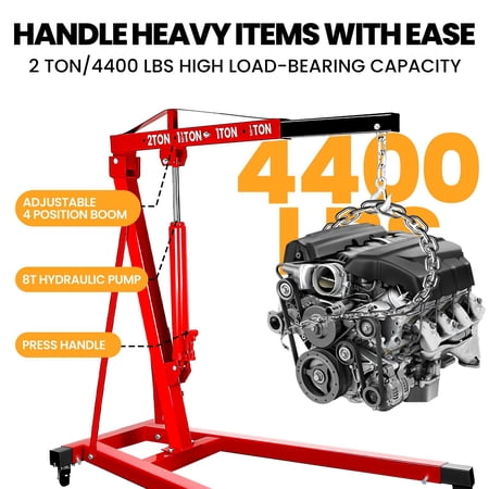 Muweixin 2 Ton Hydraulic Engine Hoist, 4400 LBS Red Shop Crane with Adjustable Boom & 360° Casters, Heavy Duty Non-Folding Engine Lift for Garage Auto Repair