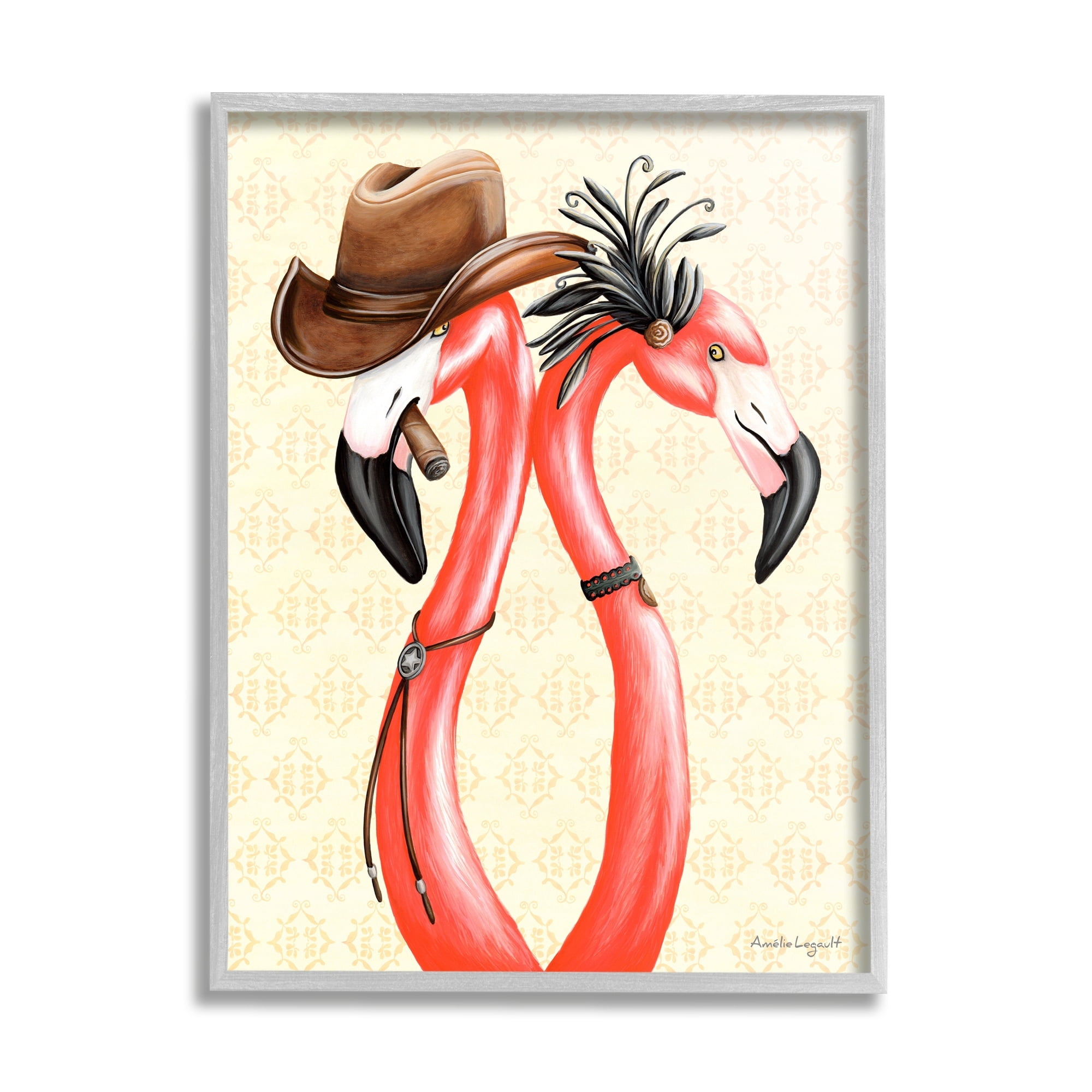 Stupell Industries Vintage Flamingos Cowboy Hat Antique Fashion Outfit Graphic Art Gray Framed Art Print Wall Art, Design by Amelie Legault
