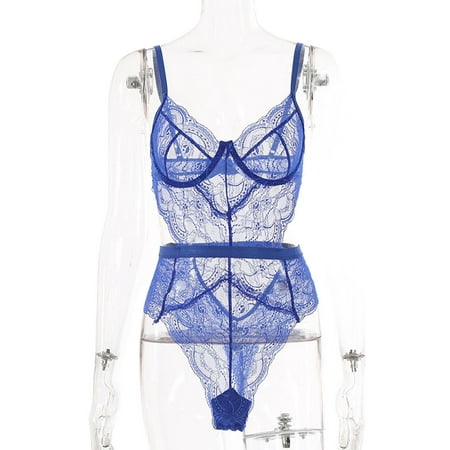 

Sanviglor Ladies Bodysuit See Through Lingerie Deep V Sleepwear Teddy Nightwear Sleeping Babydoll Positive Blue XL