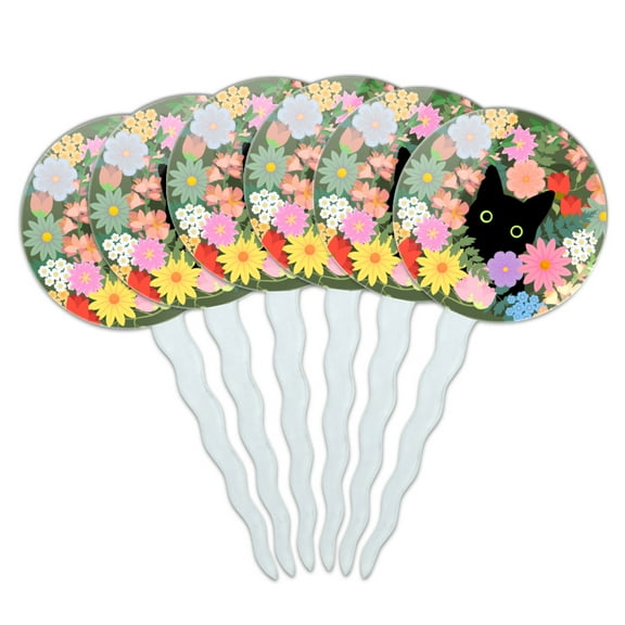 Black Cat Hiding in Spring Flowers Cupcake Picks Toppers Decoration Set of 6