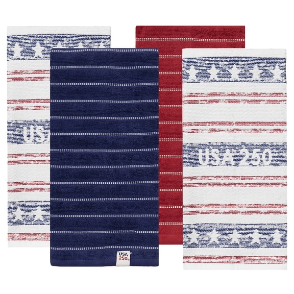 RITZ 100% Cotton Kitchen Towels, Set of 4, USA 250, USA 250 Stripe