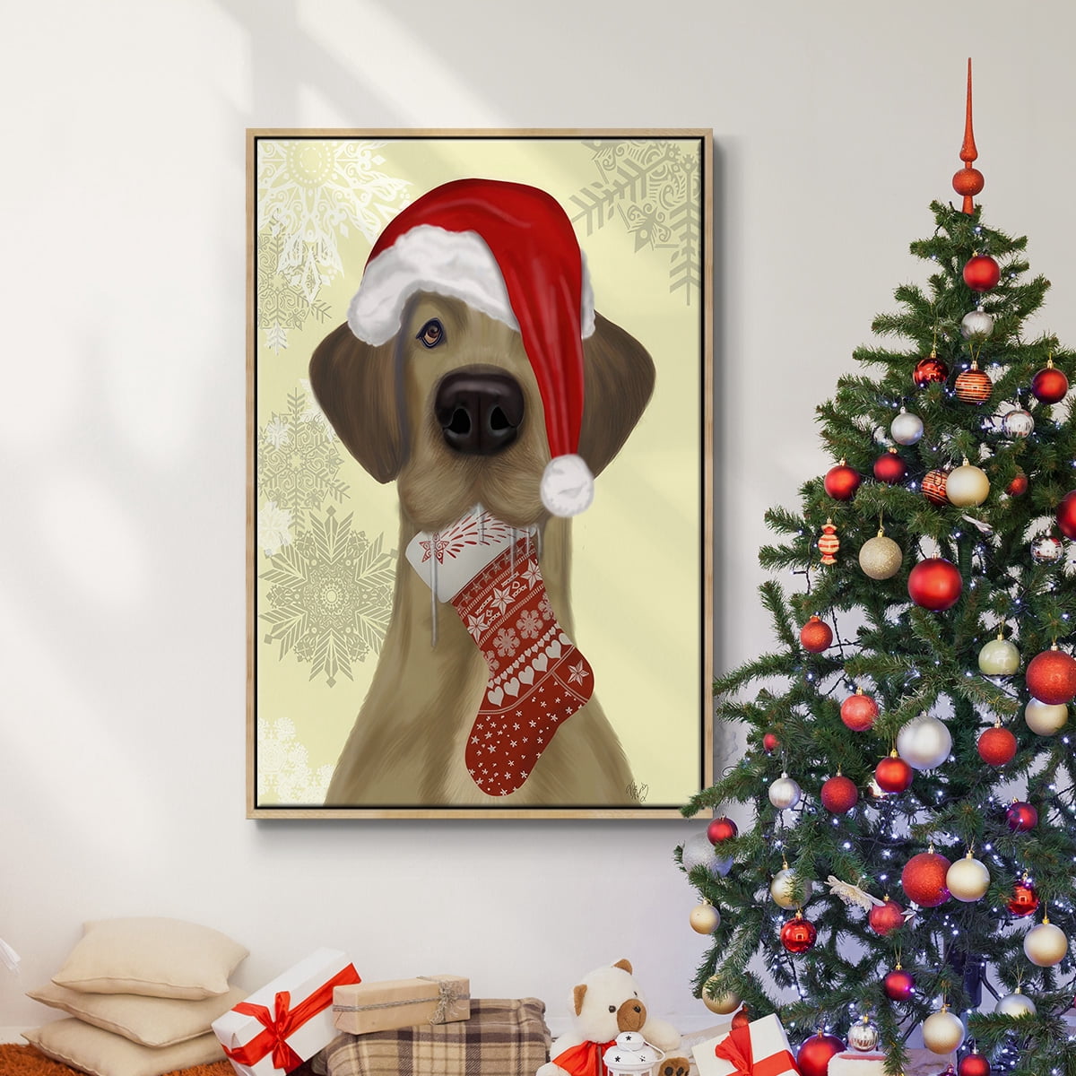 Christmas Drooly Christmas Dane - Framed Gallery Wrapped Holiday Canvas - 27 x 41 - Natural Wood Frame
