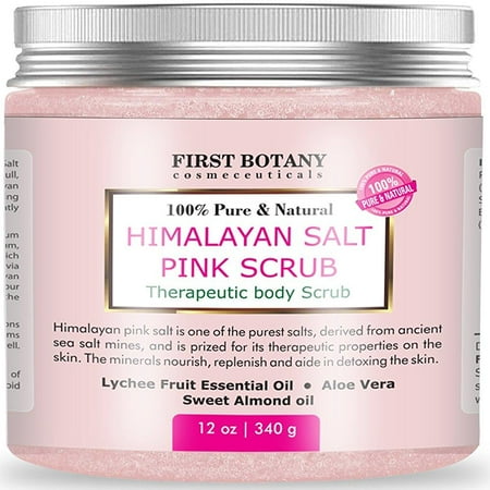 - 100% Natural Himalayan Salt Scrub 12 oz with Lychee Oil and Sweet Almond Oil- Best Body scrub, Deep Skin Exfoliator, Anti Cellulite, Body Wash, Moisturizer & Detox