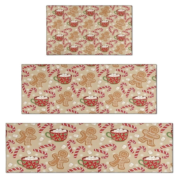 Beige Christmas Gingerbread Man Pattern Kitchen Rugs Sets Of 3,Kitchen Runner Rugs Non Skid Washable,Decorative Kitchen Floor Mats for Kitchen,Sink,Laundry,17"x30" 17"x47" 17"x59"