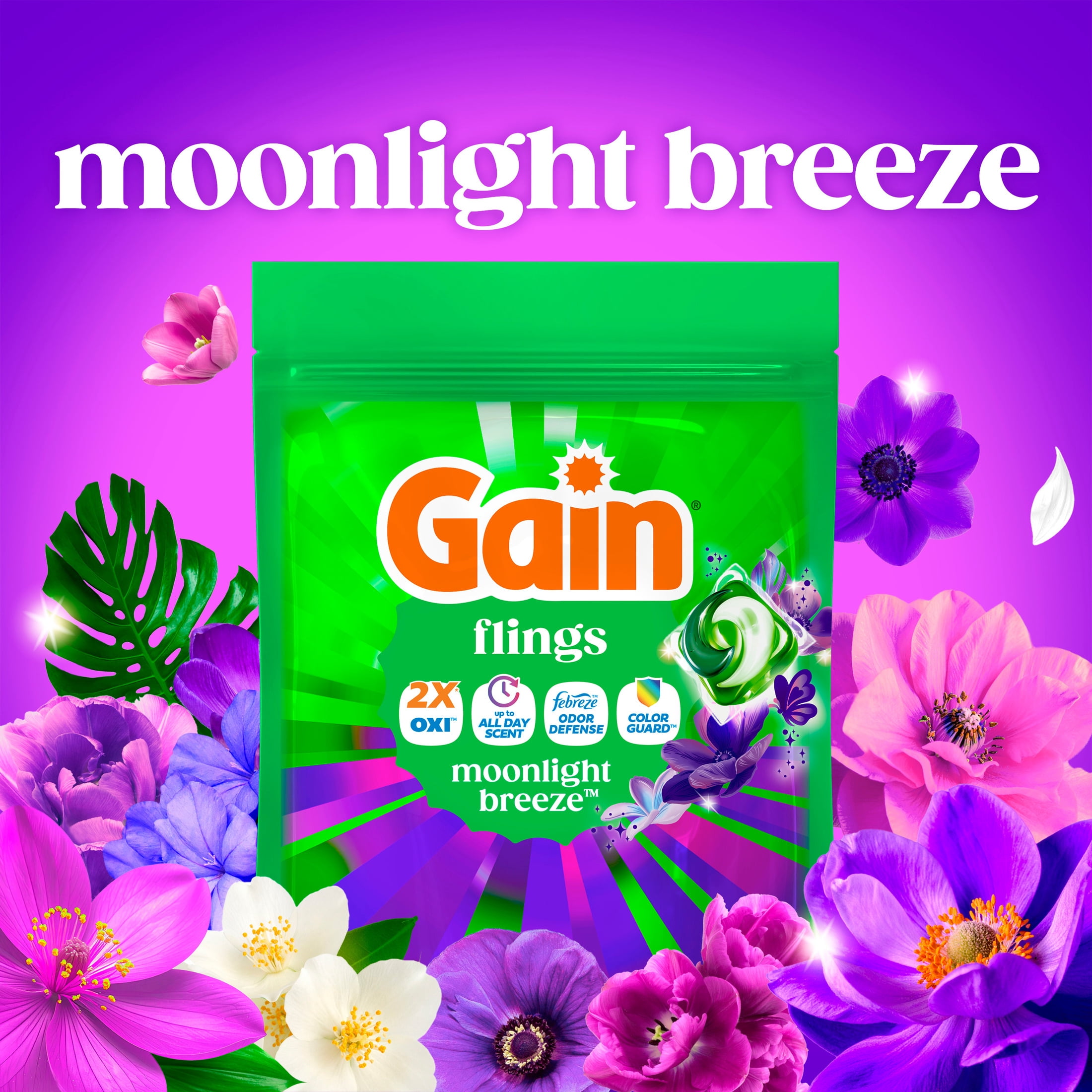 Gain Flings Laundry Detergent Soap Pacs, 4-in-1 Oxi Boost and Febreze, Moonlight Breeze Scent, 12 Count