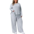 thumbnail image 2 of Agnes Orinda Women's Plus Size 2 Piece Outfits Sets Crew Neck Asymmetrical Fringe Hem Ribbed Knit Casual Long Sleeve Blouse and Wide Leg Pants 1X Gray, 2 of 6