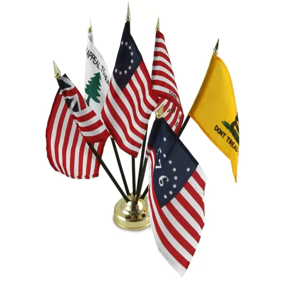 Historical Tea Party Gadsden Miniature Flag Desk Set Table Stick Gold Base