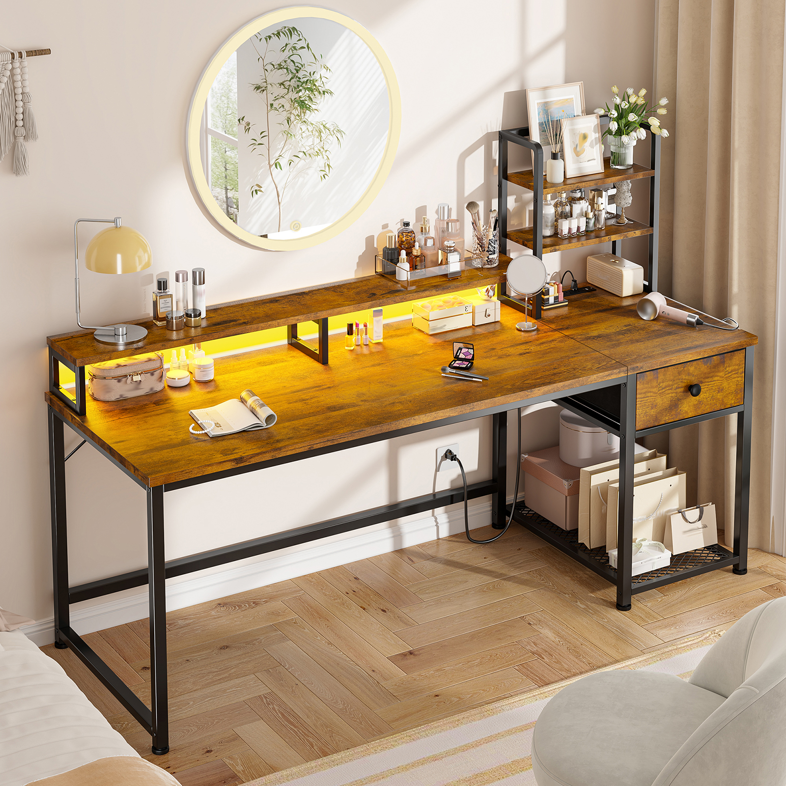 Romorgniz 55"W Computer Desk with Hutch, Gaming Desk with LED Lights & Power Outlets, Small Desk with Drawer and Monitor Stand, Writing Desk for Home Office, Rustic Brown