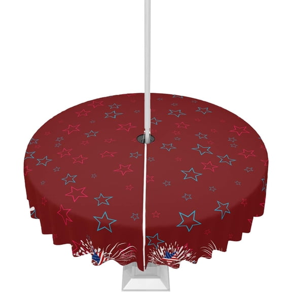 4th of July Tablecloth with Umbrella Hole and Zipper Patriotic Stars America Flag Round Outdoor Tablecloths 60 Inch Table Cloths Firework Red Patio Table Cloth Cover for Independence Day Garden