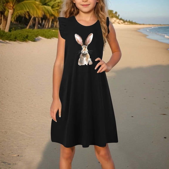 AUNVITO 2025 Easter Children Clothing Toddler Girls Dress Summer Ruffle Sleeve Sundress Outfit for Kids 4-14T