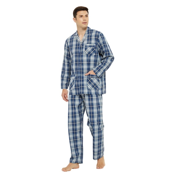 GLOBAL Mens Yarn Pajama Set 100% Cotton, Long Sleeve Button Down PJ Set for Men Plaid Men's Sleepwear, Sizes S-3XL