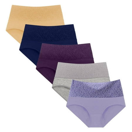 cfhntfmh 5pc Womens Cotton Underwear Stretchy High Waisted Plus Size Panties Breathable Solid Color Full Coverage Briefs