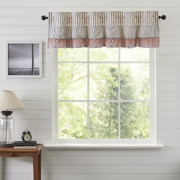 VHC Brands Kaila Country Cottage Ruffled Blue Ticking Stripe Kitchen Curtain Valance 16x60