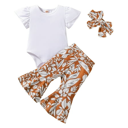 

ASEIDFNSA Boho Baby Stuff 3-6 Month Girl Outfits Baby Girls Short Ruffled Sleeve Solid Romper Tops Print Bell Bottom Pants With Headbands Outfits Set