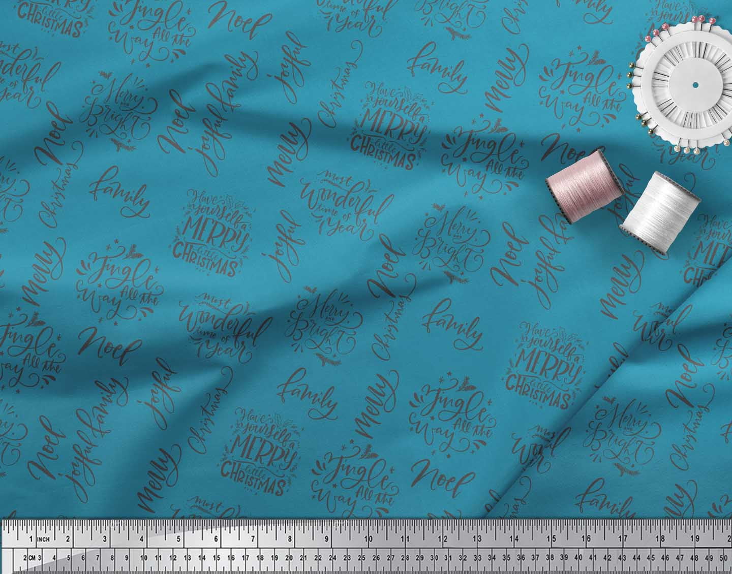 Soimoi Blue Heavy Satin Fabric Merry Christmas Text Print Fabric by Yard 54 Inch Wide