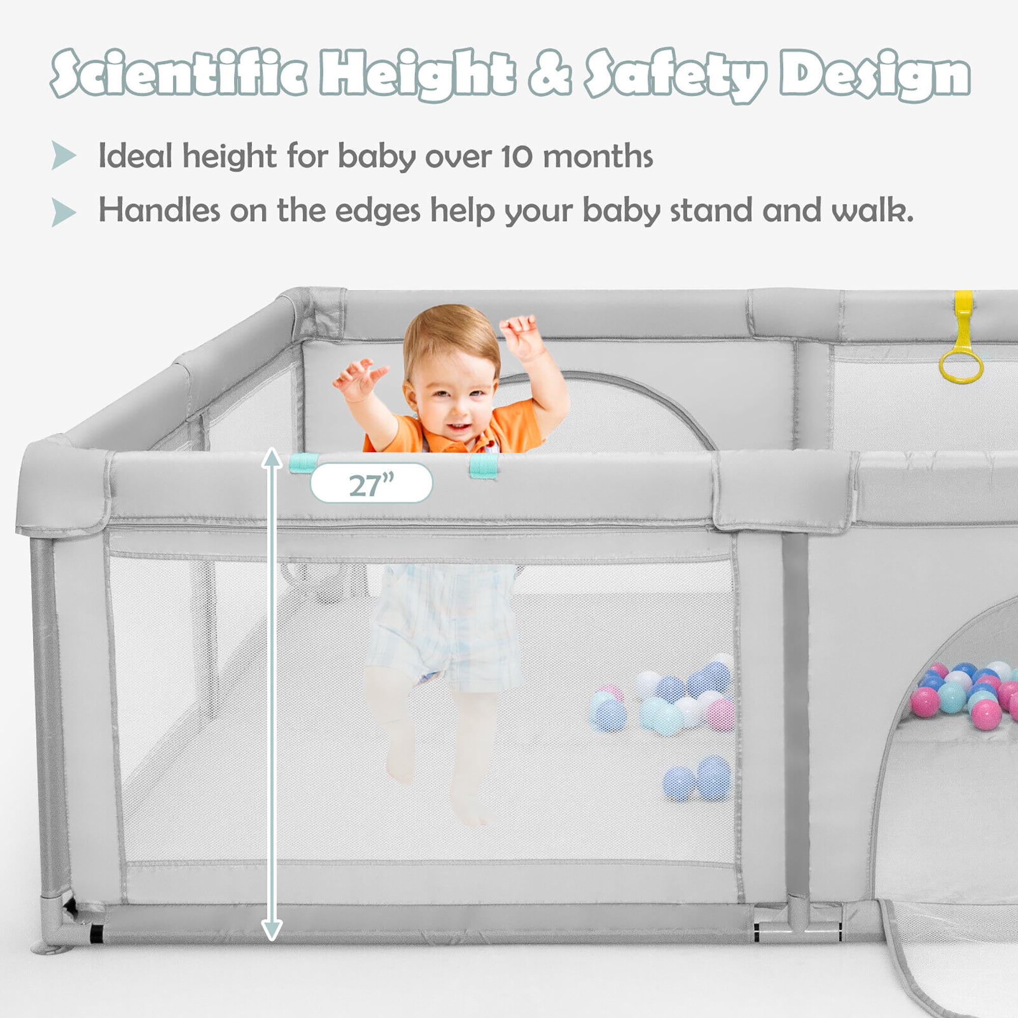 Gymax Extra Large Baby Playpen Safety Baby Play Yard w/ 50 Ocean Balls & 4 Handles Light Grey