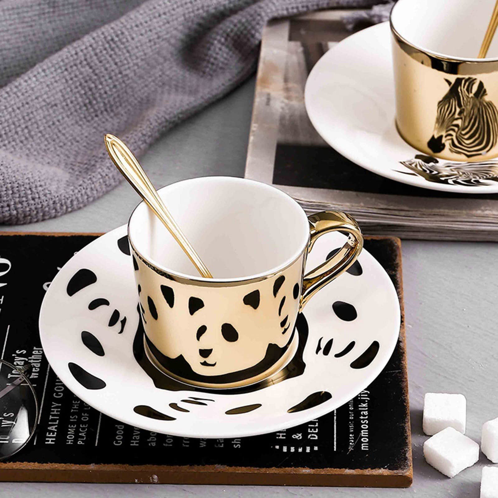 ADruer Angled Mirror Cup & Saucer, Moving Reflection Mirror Panda Coffee Mug for Cappuccino, Milks, Espresso, Tea, Coffee, Christmas Gifts, 11oz