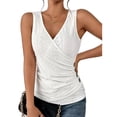thumbnail image 1 of Camiseta sin mangas fruncida con cuello en V para mujer, camisa sin mangas con decoración de botones huecos y ojales, cintura de Color liso, 1 of 6