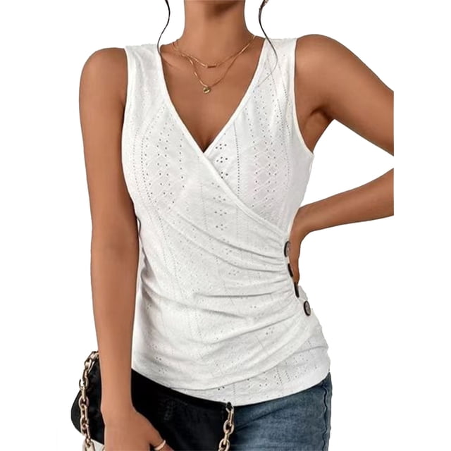 Camiseta sin mangas fruncida con cuello en V para mujer, camisa sin mangas con decoración de botones huecos y ojales, cintura de Color liso