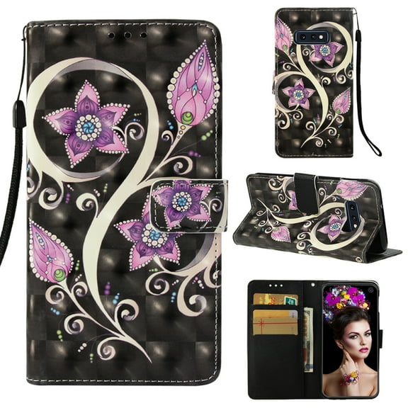 Galaxy S10 Lite Case for Girls Women, Allytech Synthetic Leather Folio Flip Book Cover Design Cards Holder Wallet Case Cover with Hand Strape Stand Case Cover for Samsung Galaxy S10 Lite, Black Flower