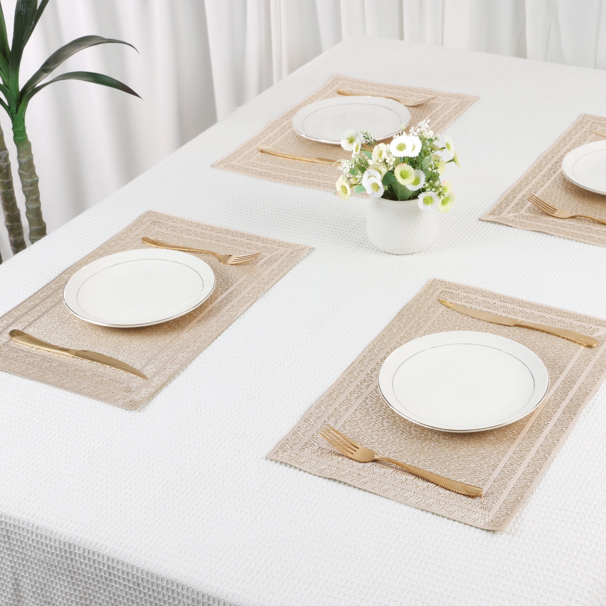 Unique Bargains Washable Placemats Set of 6 Trimmed Placemats for Dining Table Gold