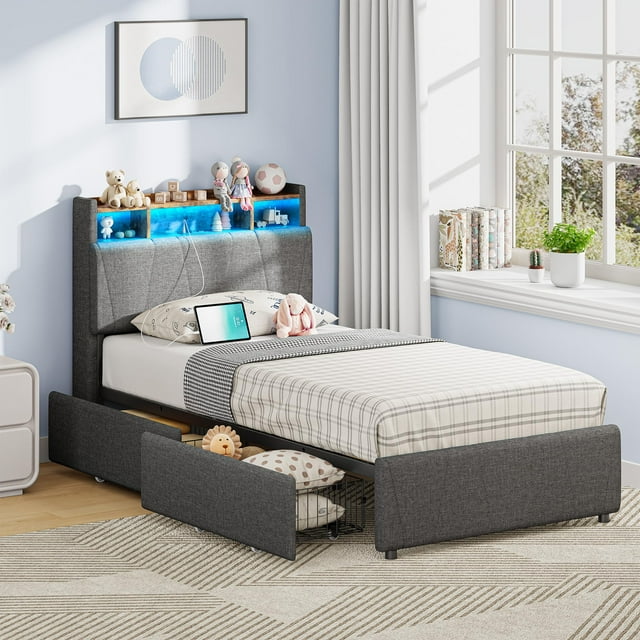 Marco de cama doble LIKIMIO con 2 cajones de almacenamiento y luces LED, color gris