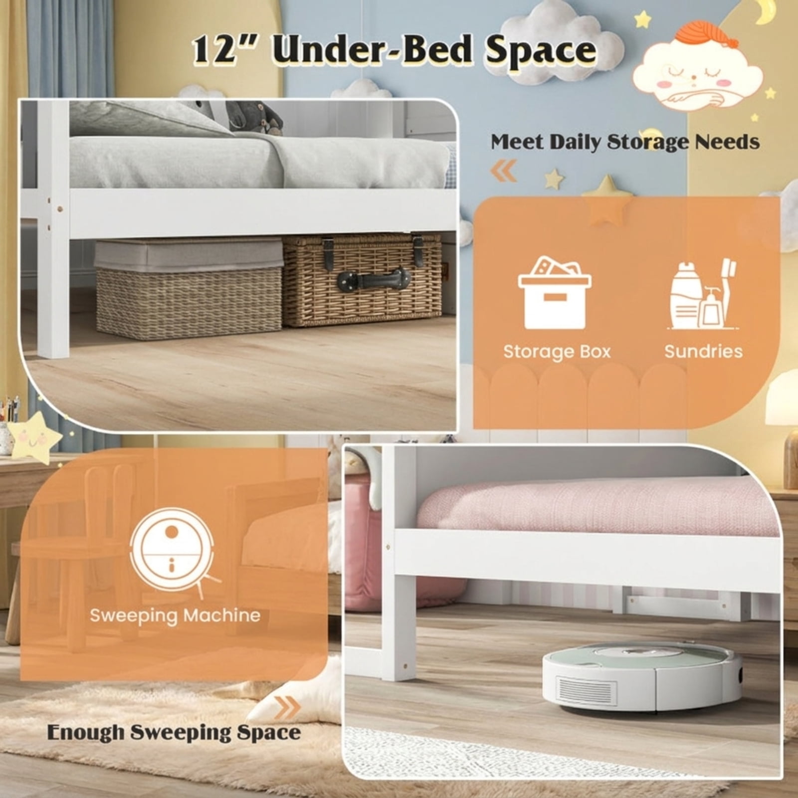 Furnibear Full Size Kids House Bed Frame with Roof Canopy Fence and Storage Desk for Kids Bedroom, White and Gray
