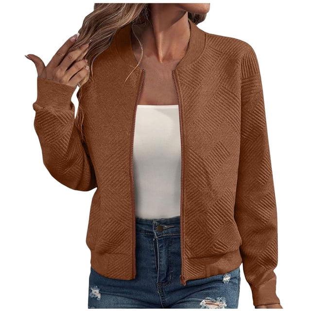 iHPH7 Vestes Légères pour Femmes Veste à Col Montant Femmes Veste Texturée Femmes Veste à Fermeture Éclair Veste de Baseball Vestes d'Automne pour Femmes Vêtements d'Extérieur pour Femmes Brun TTG