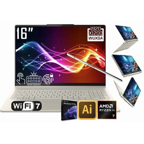 Lenovo Yoga 7 2-in-1 AI PC Copilot Laptop, 16" 2K LCD Touchscreen, AMD Ryzen AI 7 350, AMD Radeon, WiFi 7, Backlit KB, Fingerprint, 1080P Webcam, Stylus Pen, Win 11 Pro(16GB DDR5 RAM/1TB SSD)