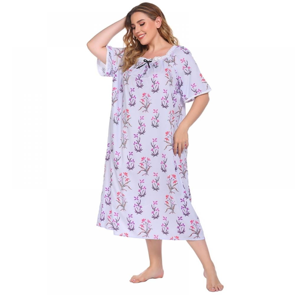 Women Spring Summer Nightshirt Short-Sleeved Sleepwear Floral Printed ...