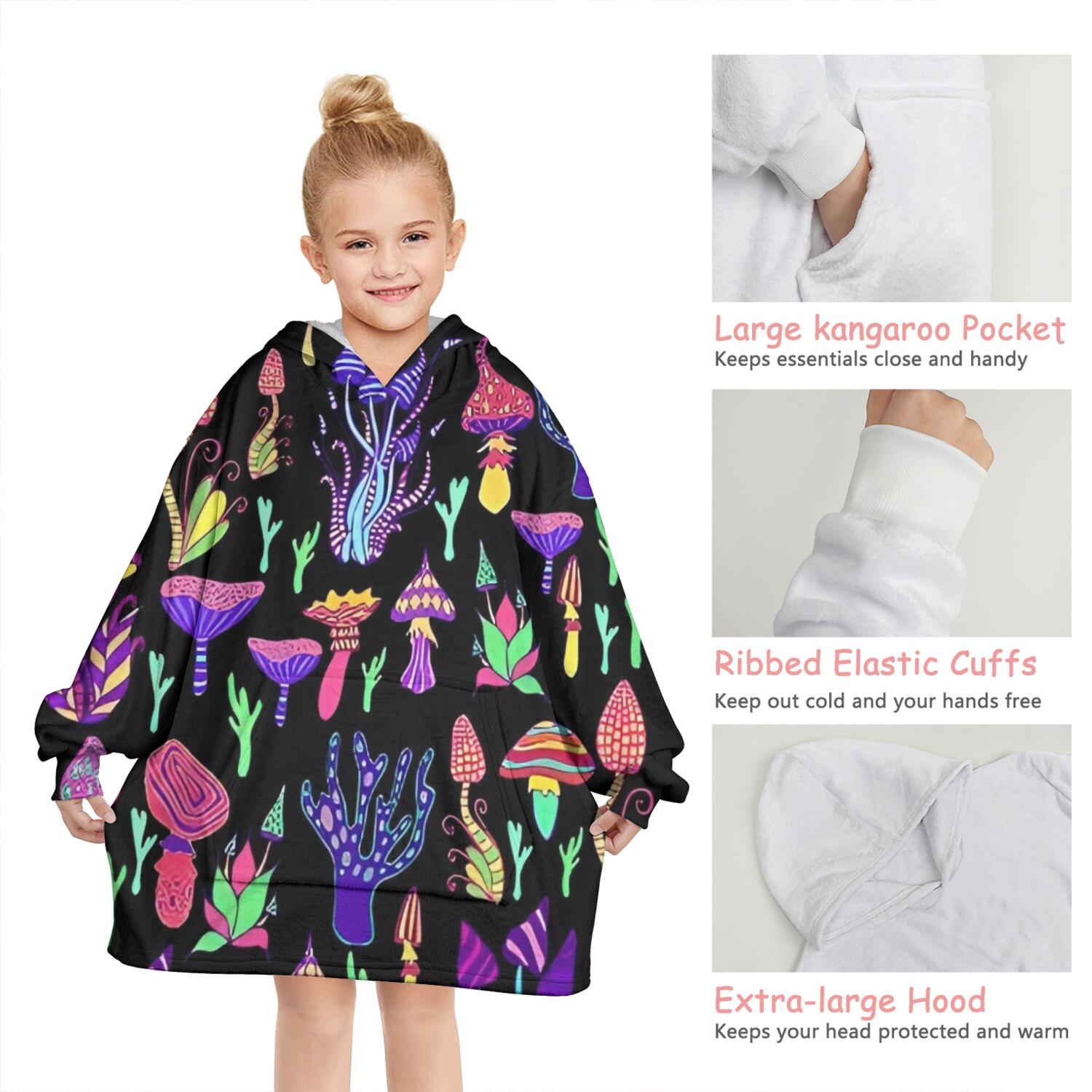 Purple Mushroom Black Pattern Blanket Hoodies for Kids 6-13YR Oversize Wearable Blanket Hoodies for Boys Girls Teens