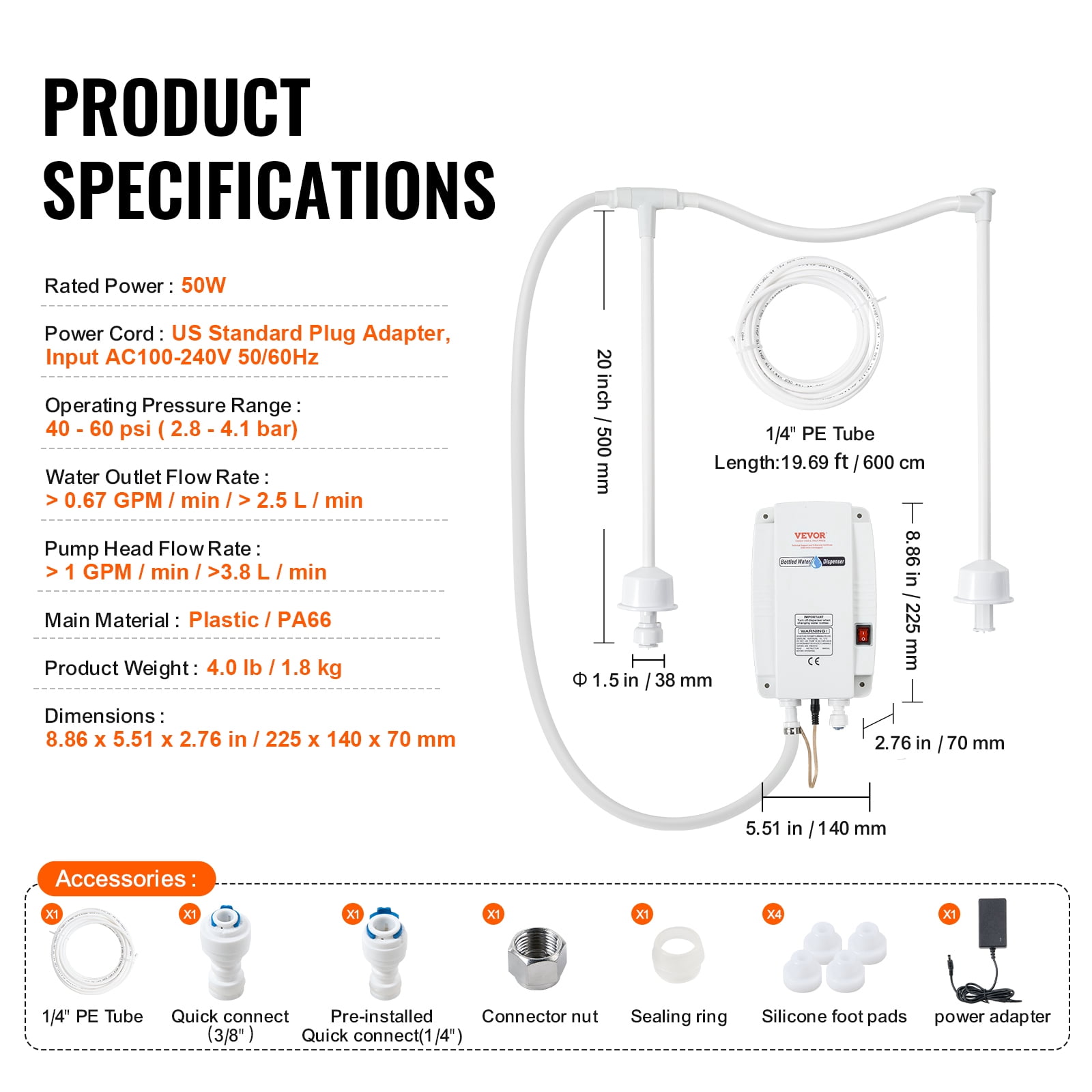 VEVOR Bottled Water Dispenser Pump System, 2x5 Gallon Dispensing System, Automatic Electric Water Dispenser, Double-Pipe Water Jug Pump,Compatible Use with Coffee/Tea Machine,Refrigerator,Ice Maker