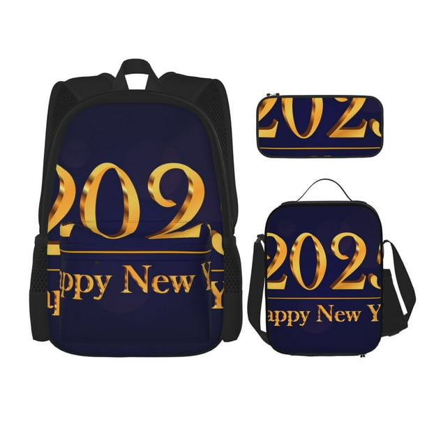 Disketp 2025 Happy New Year 3 Mochila Estampada de Gran Capacidad con Lonchera y Estuche, Set de 3 Piezas para Estudiantes