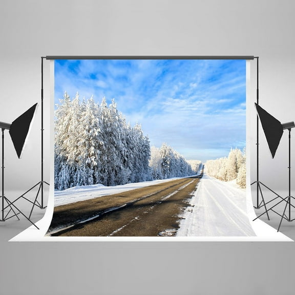 HelloDecor 7x5ft Blue Sky Snow Tree Ground Tourism on the Car Road Backdrop Children Photography Bedroom Wall Curtain Background Studio Prop