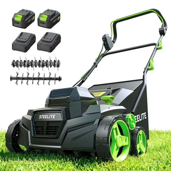 Steelite 2x21V 15-Inch Cordless Dethatcher and Scarifier with Brushless Motor, 2-in-1 Battery Powered Dethatcher with Removable 11.9-Gallon Collection Bag and 2 x 4.0 Ah Batteries