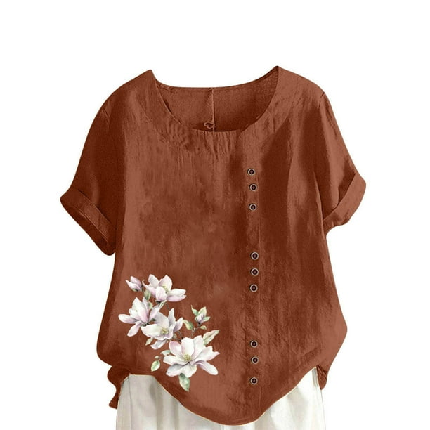 Vestidos Casuales Para Mujer, Blusas De Mujer De Moda Blusa informal de lino con cuello redondo, manga corta y botones para mujer