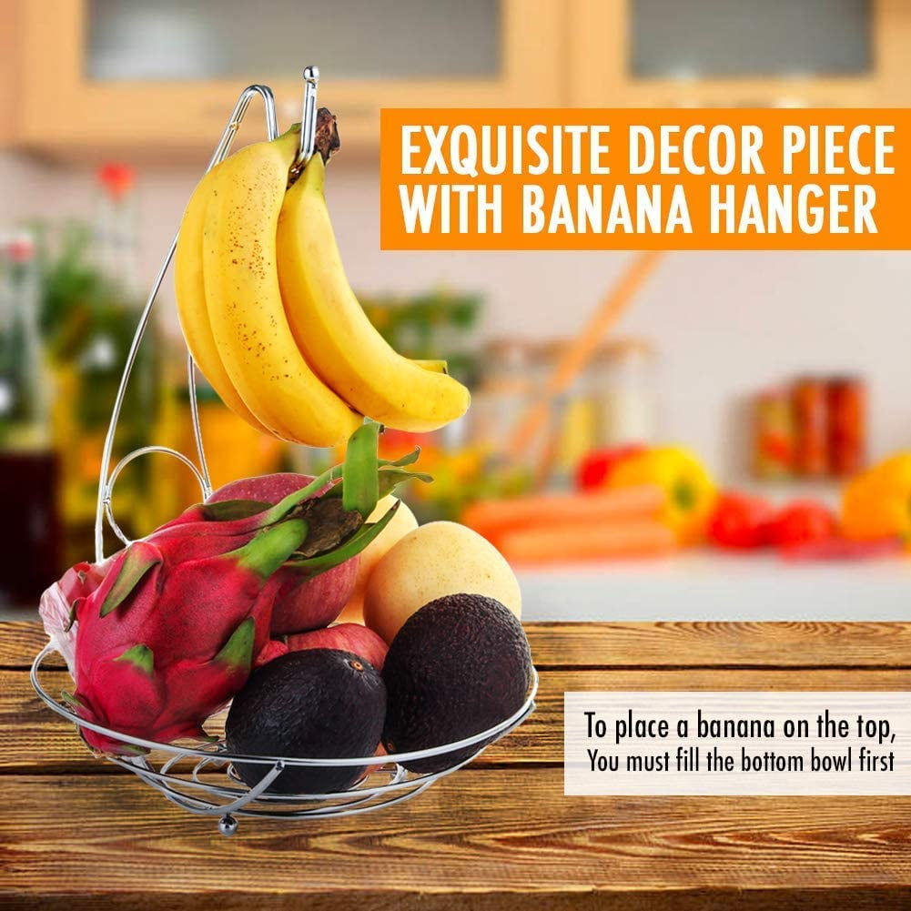 Fruit Basket Bowl with Banana Tree Hanger, Snacks holder Rack Bread Stand for Kitchen Counter, Dining Table
