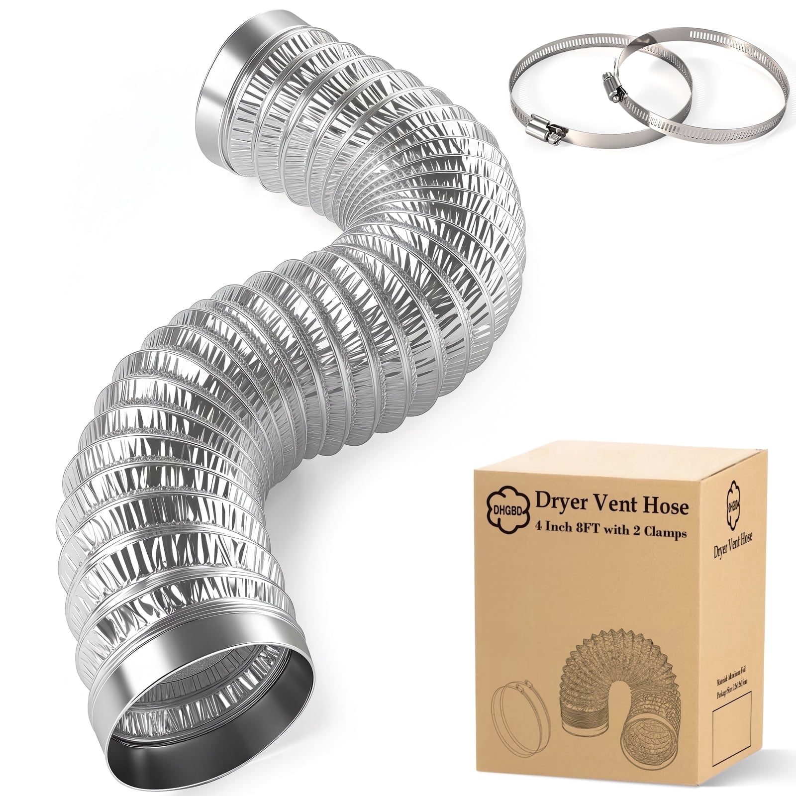 Funmit 4" X 8 Ft Flexible Dryer Vent Hose – Aluminum Foil Duct With 2 Stainless Steel Clamps, Fire Resistant, Easy Install