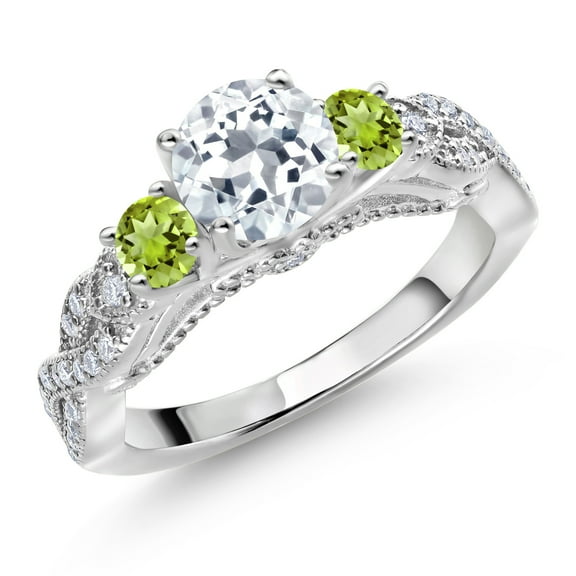 Gem Stone King 925 Sterling Silver White Topaz Green Peridot and White Moissanite Engagement Ring for Women (1.41 Cttw, Gemstone November Birthstone, Round 6MM and 3MM, Size 7)