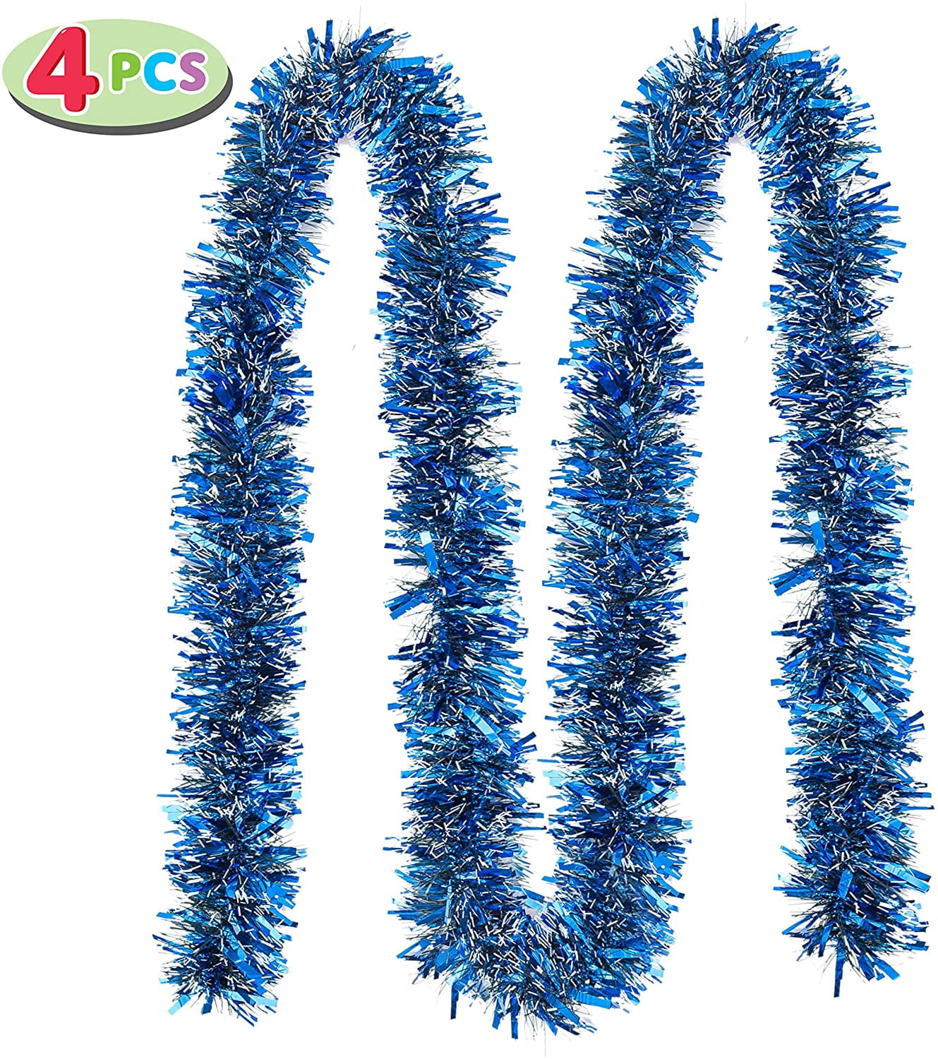 4 Pcs 6.6 Ft Christmas Blue Sparkly Tinsel Garland, Metallic Twist