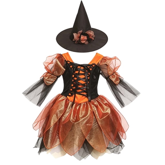 Virmaxy Halloween Costume Witch Dress V Neck Lace Up Corset Sheer Bell Sleeve Layered Tulle Skirt with Hat for Cosplay Party 2-13 Years, Orange
