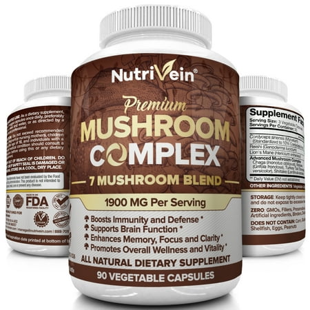 Nutrivein Mushroom Supplement 1900mg - 90 Capsules - 7 Blend Lions Mane, Cordyceps, Chaga, Reishi, Turkey Tail, Maitake, Shiitake - Immune System & Nootropic Brain Booster Complex for Energy &