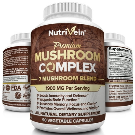 Nutrivein Mushroom Supplement 1900mg - 90 Capsules - 7 Blend Lions Mane, Cordyceps, Chaga, Reishi, Turkey Tail, Maitake, Shiitake - Immune System & Nootropic Brain Booster Complex for Energy & (Foods Best For The Immune System)