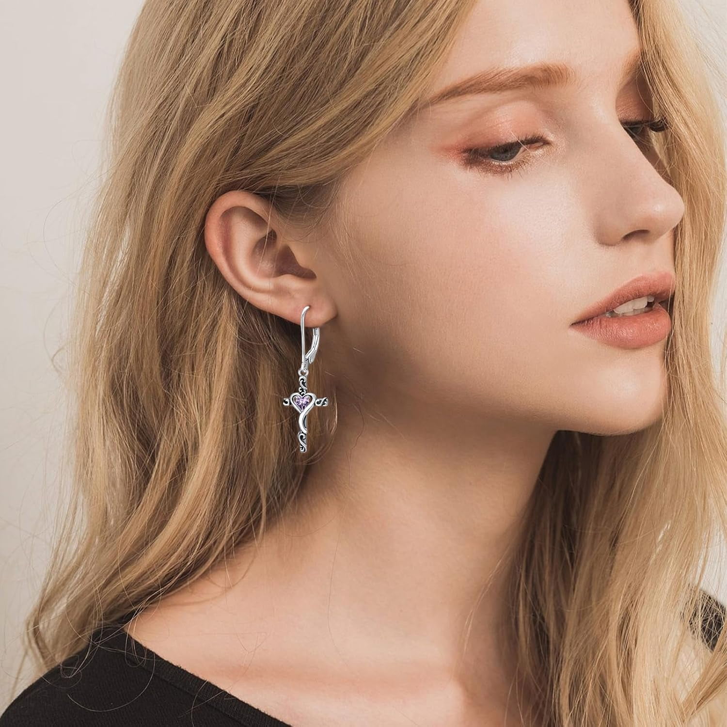 JKR Birthstone Cross Earrings 925 Sterling Silver Heart Cross Dangle Drop Earrings Fine Jewelry Birthday Gifts for Women Her Girlfriend