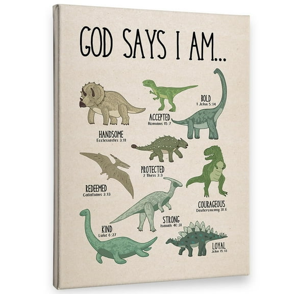 Christian Dinosaur Wall Art Decor Canvas, God Says I Am Bible Verse Dino Pictures Wall Decor Decorations Art, Dinosaur Scripture Framed Prints Artwork For Boys Kids Room Bedroom Playroom