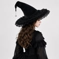 thumbnail image 5 of Hkoxplj Lace Tulle Witch Hat for Women Vintage Gothic Halloween Costume Hat Wide Brim Pearl Beaded Bow Hat with Star Charm Pendant Pointed Top Velvet Hat for Party Cosplay Photoshoot, 5 of 6
