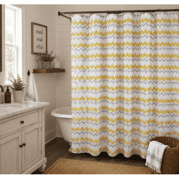 Serafina Home Yellow Grey Fabric Shower Curtain for Bathroom: Ikat Chevron Design (Yellow)